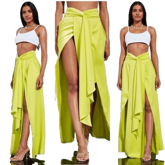 Peace and Love Womens Yellow Satin Maxi Skirt 8 Split Leg High Waist Lime Chic - Picture 1 of 15